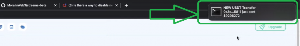Web3 notification popup from using the Moralis Streams Notify API alternative