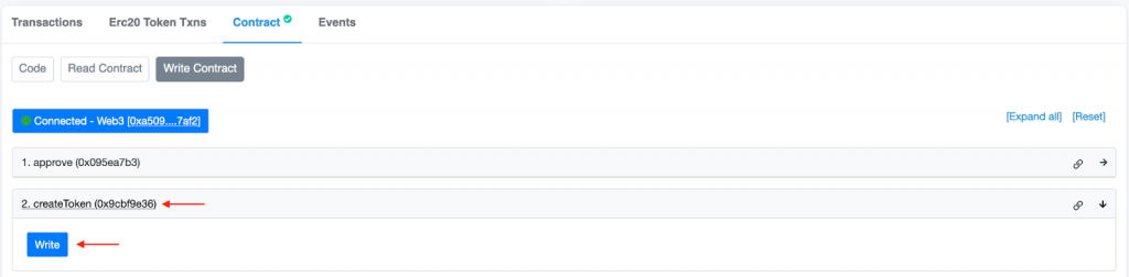 Contract tab with the createToken function and write button