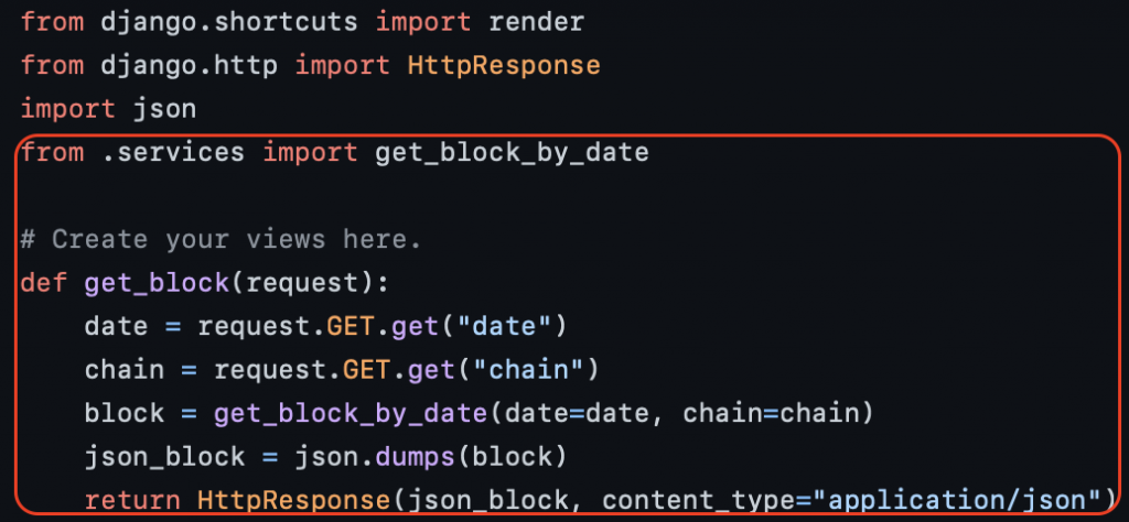 Showing the views.py file and code structure for the Web3 get block endpoint