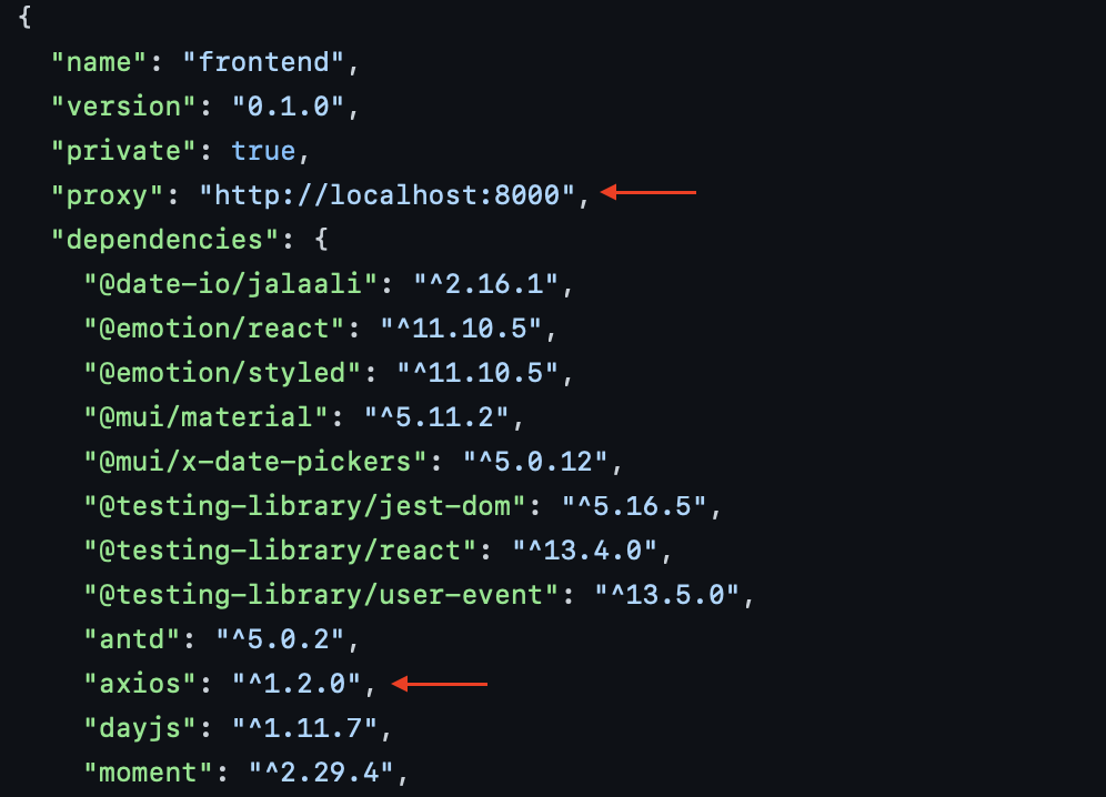 Showing the package.json file and the proxy and axios information