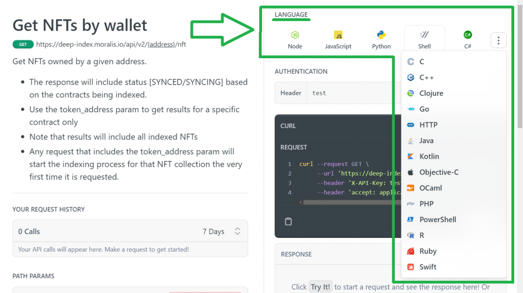 Moralis documentation page outlining its supported languages