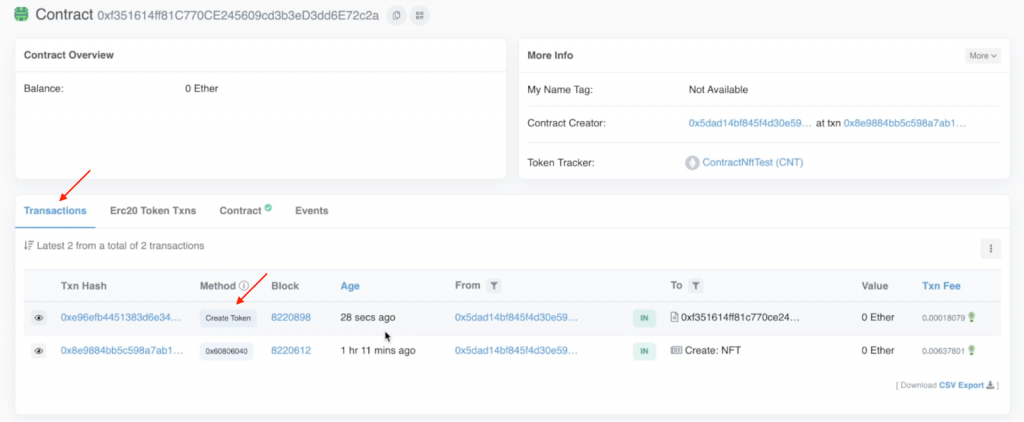 Transactions page showing completed mint transaction hash of the Etherscan contract