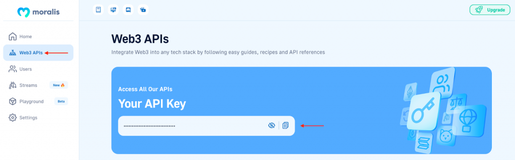 Web3 API landing page on the Moralis admin panel