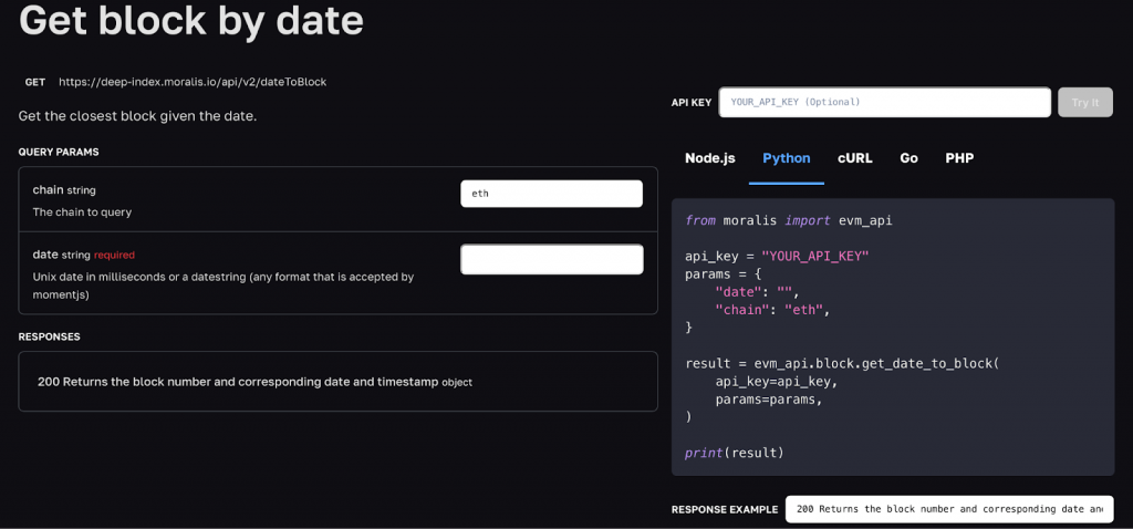 Web3 get block documentation page with parameter and code information