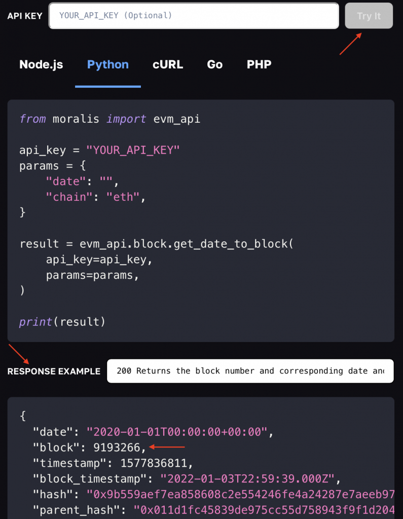 Arrow pointing at the Try It button for the Get Block timestamp endpoint