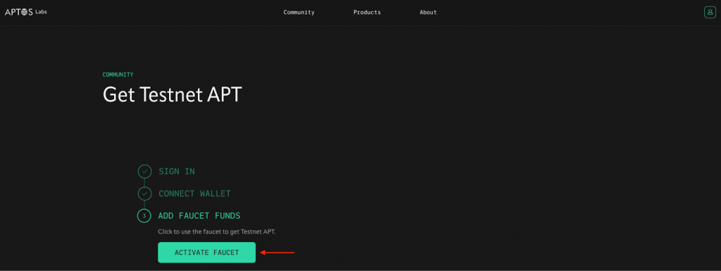 Activate Aptos Testnet Faucet button