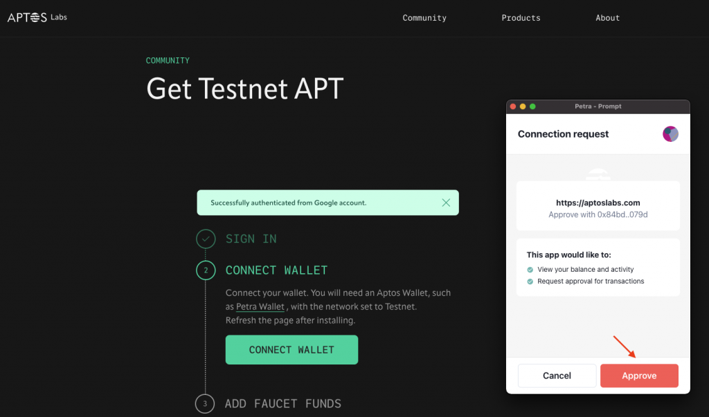 Approve button in MetaMask to get testnet APT from the Aptos testnet faucet