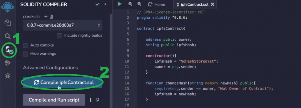 Compile button in Remix IDE for the IPFS Ethereum smart contract project