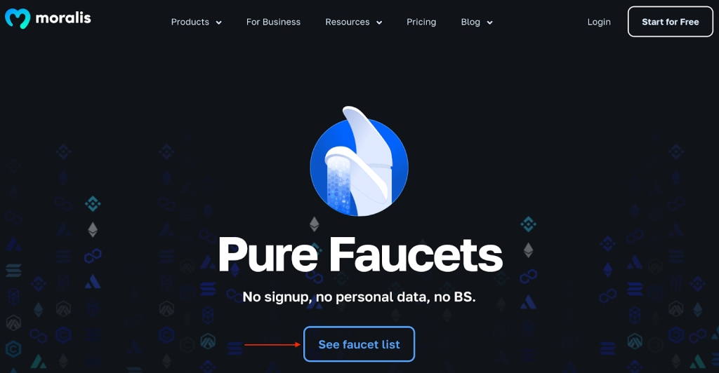 Crypto Faucet Landing Page from Moralis and the See Faucet List button