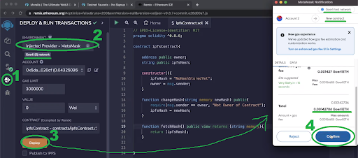 Deploy confirmation in MetaMask for the IPFS Ethereum smart contract