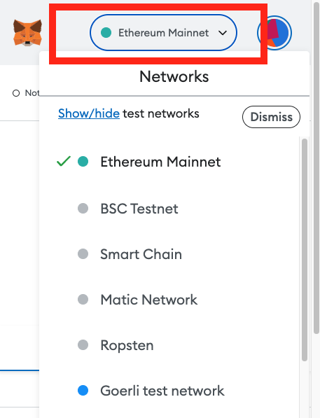 Ethereum Mainnet Button in MetaMask