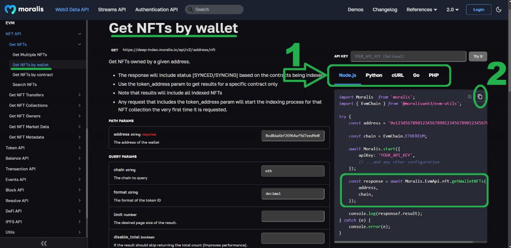 Ethereum Tool - Moralis Web3 documentation page with API endpoints