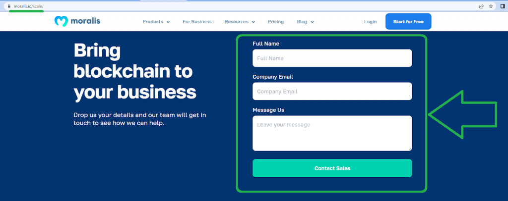 Fill-out form for businesses to scale using enterprise blockchain solutions from Moralis