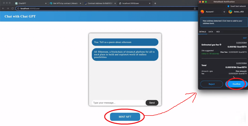 Mint NFT Button and MetaMask Prompt to Mint an NFT with ChatGPT