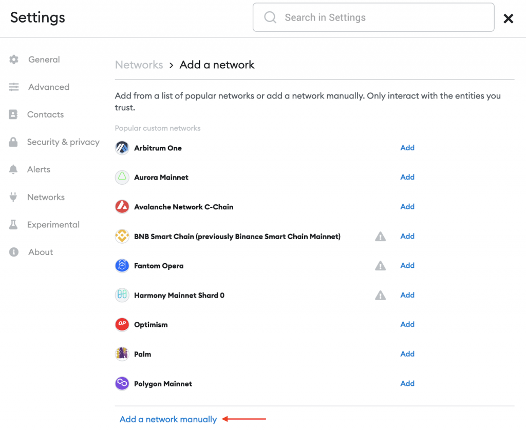 Selecting Adding Network Manually in MetaMask