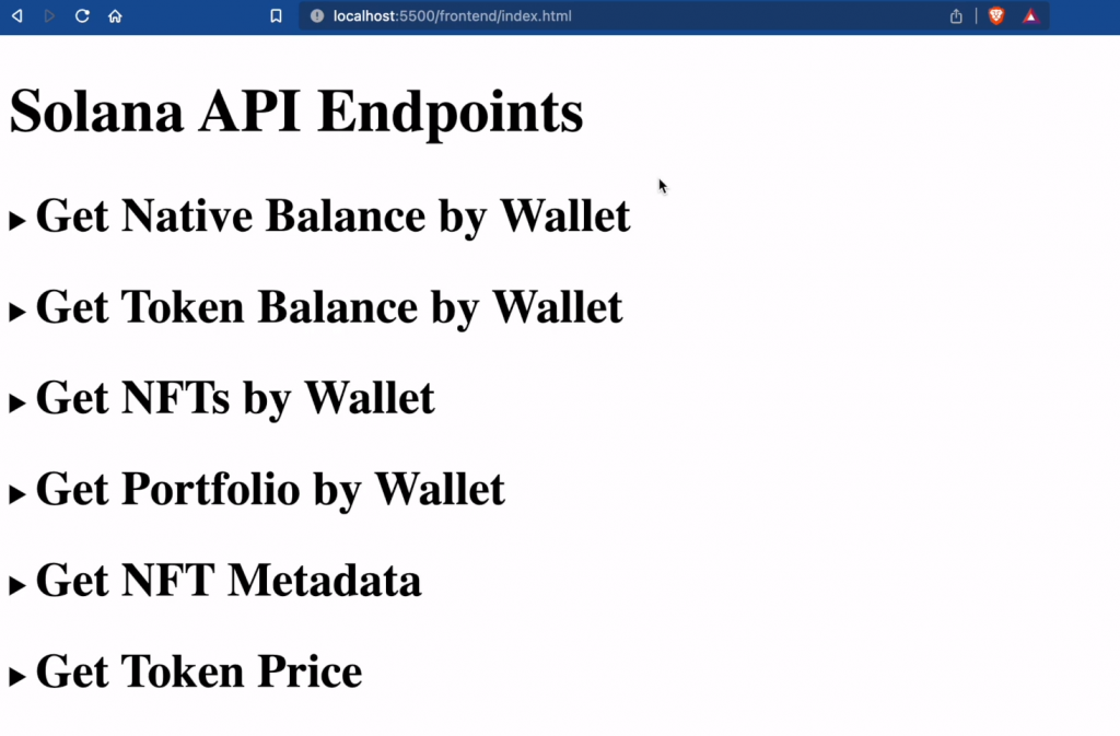 Solana API endpoints outlined on our Solana blockchain app