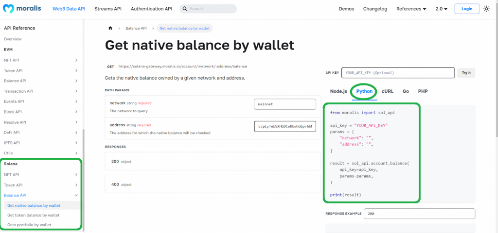 Solana blockchain app development documentation page from Moralis