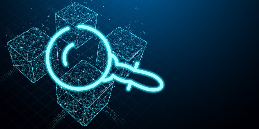 Blockchain Explorer Illustrated  - Four blocks connected forming a chain with a magnifying glass on top