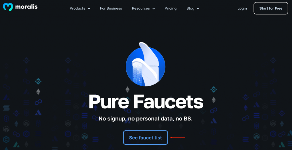 Moralis Crypto Faucet Page with See Faucet List Button