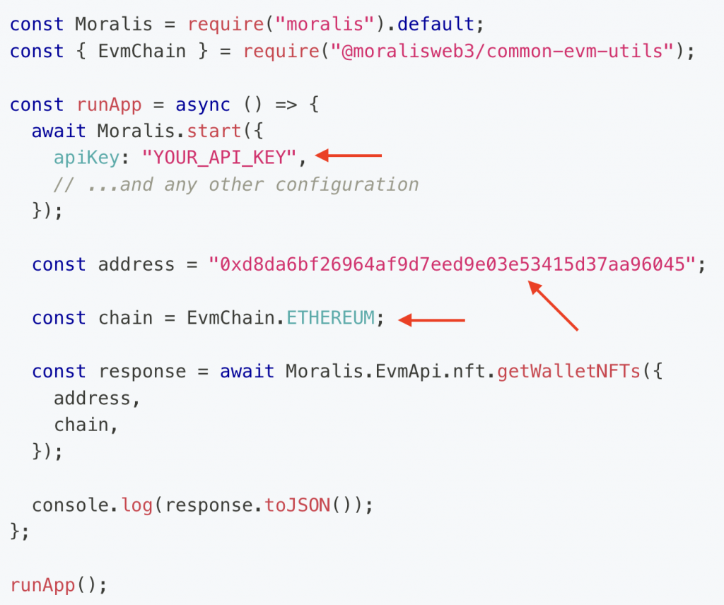 Free NFT API Code Snippets Showing Where to Paste API Key