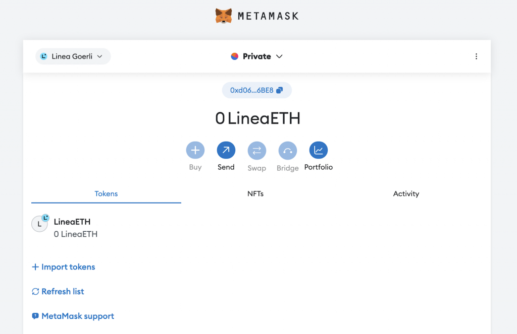 Looking at the Linea Goerli network option in MetaMask