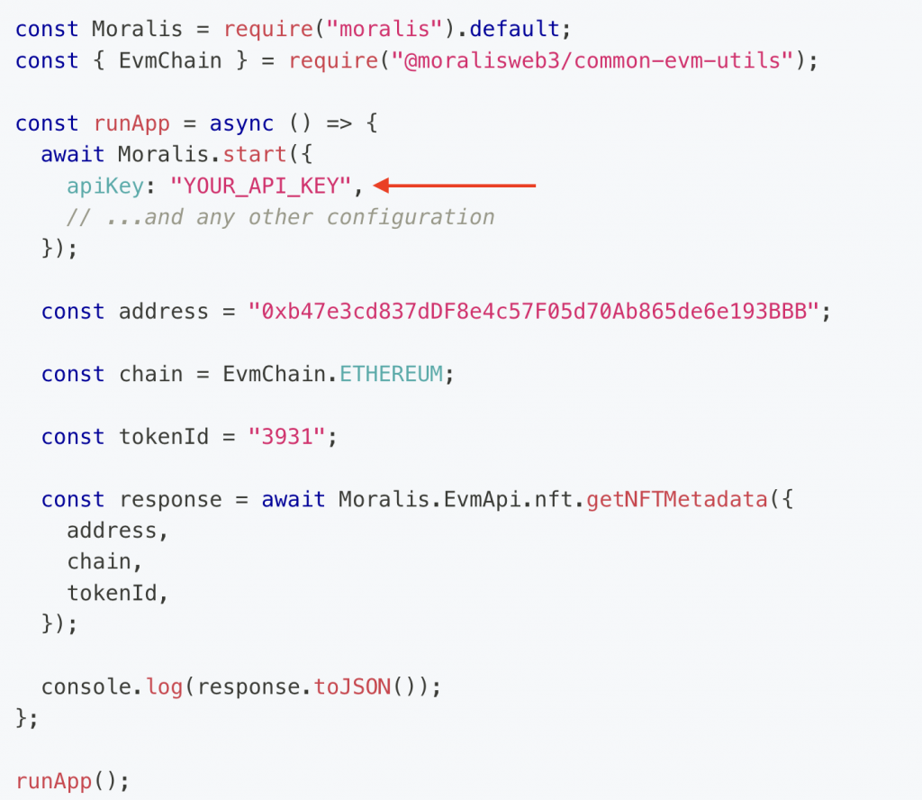 Showing the user API key parameter for ERC-721 metadata code