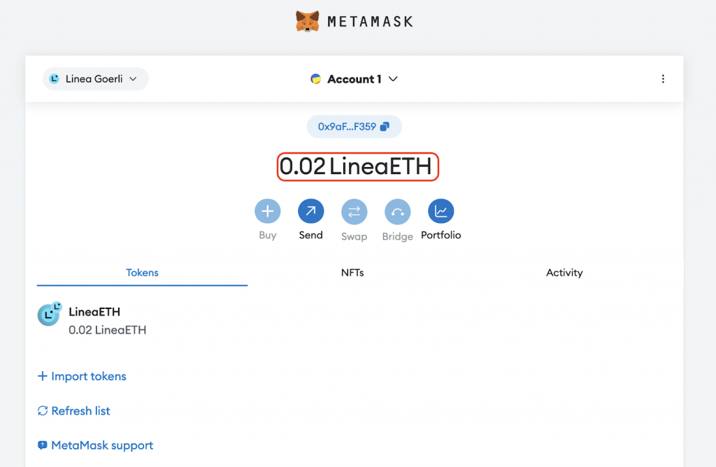 Success message adding Linea Goerli ETH to MetaMask