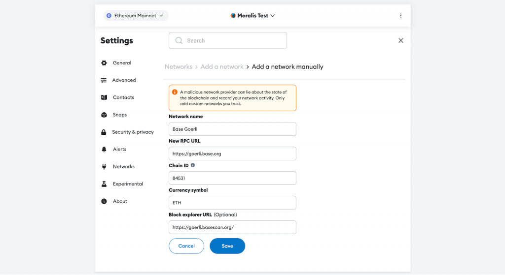 Adding Base Testnet Network Details to MetaMask