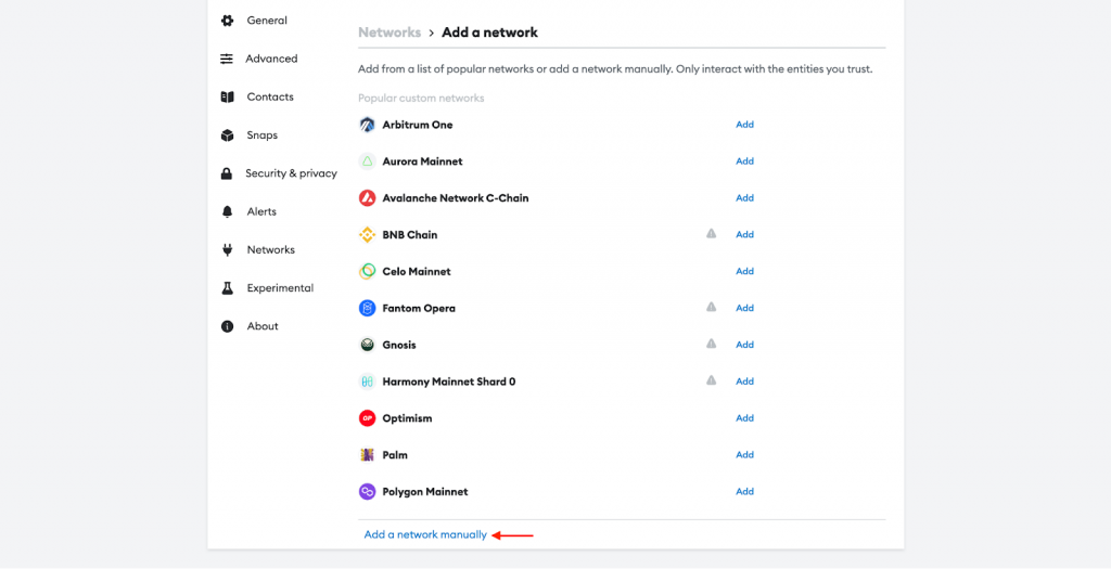 Adding new network manually in metamask