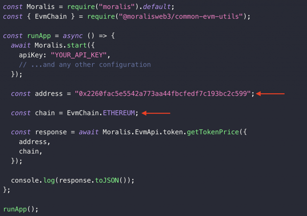 Configuring the address and chain parameters to get crypto prices