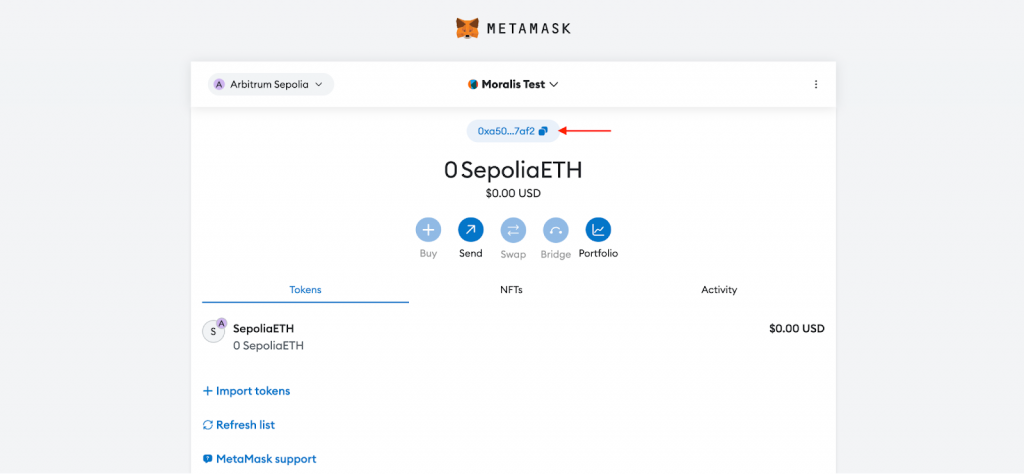 Copying our Arbitrum Sepolia Testnet wallet address