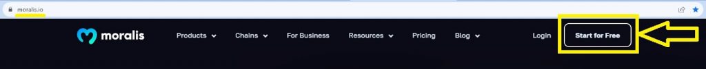 Custom Webhooks, Start for Free Button on Moralis Homepage