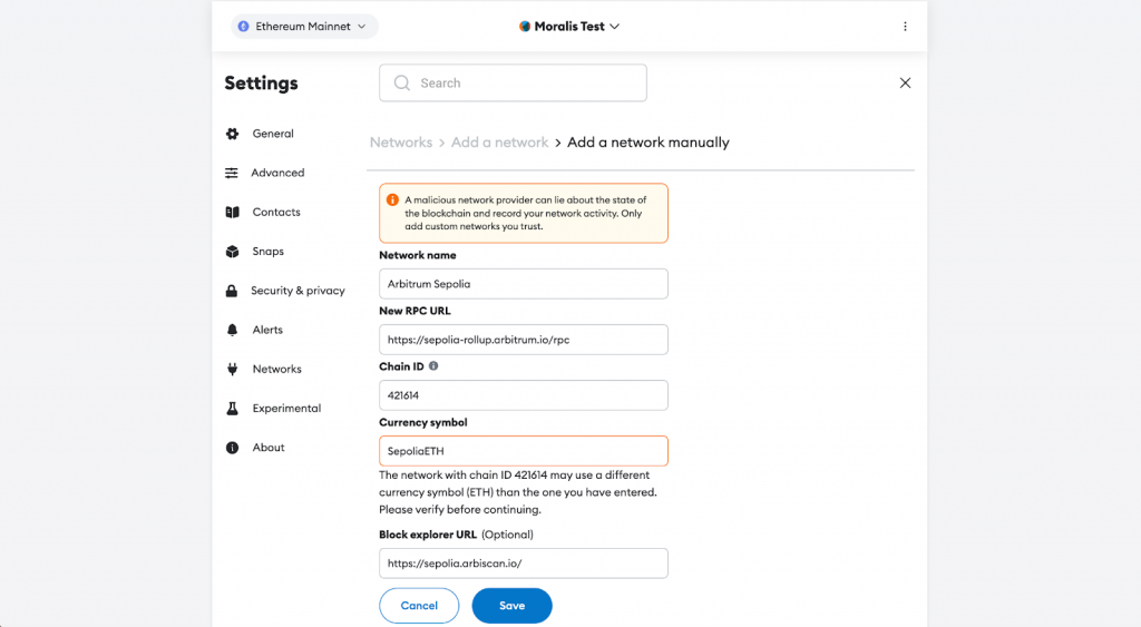 Entering Arbitrum Sepolia testnet network details into MetaMask