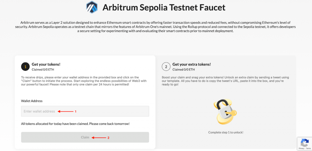 Entering Wallet Address into the Arbitrum Sepolia Faucet page