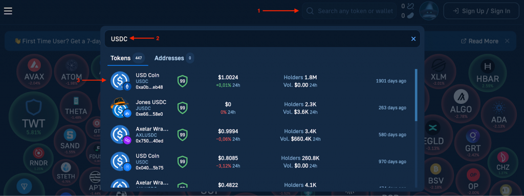 Inputting an ERC20 token name into the address bar at Moralis Money Token Explorer