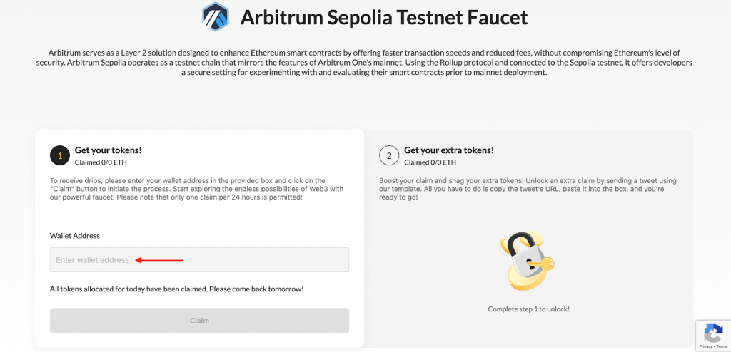 Landing on the Arbitrum Sepolia Faucet Page