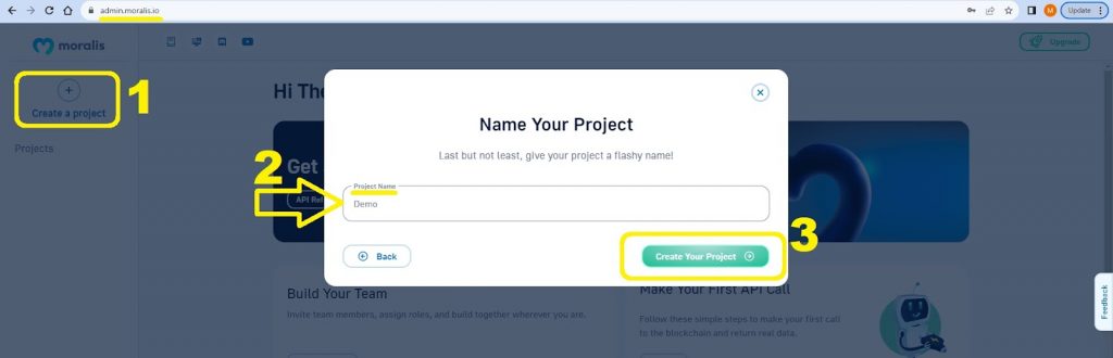 Moralis admin area with the create a new project button