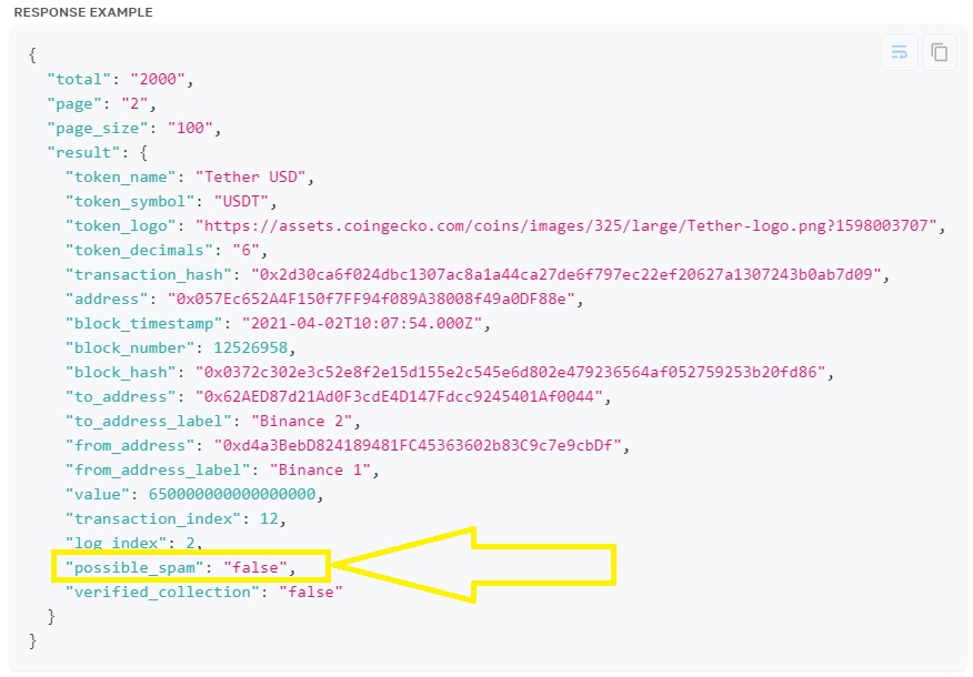 Response example of using Moralis APIs to identify NFT spam