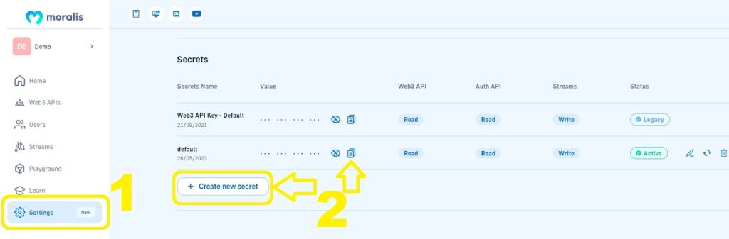 Showing how to copy the Web3 API key for transactional history code