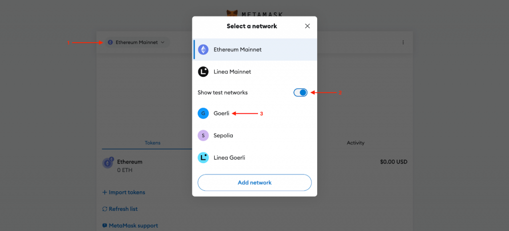 Switching to the Ethereum Goerli network to get free goerli faucet funds in MetaMask