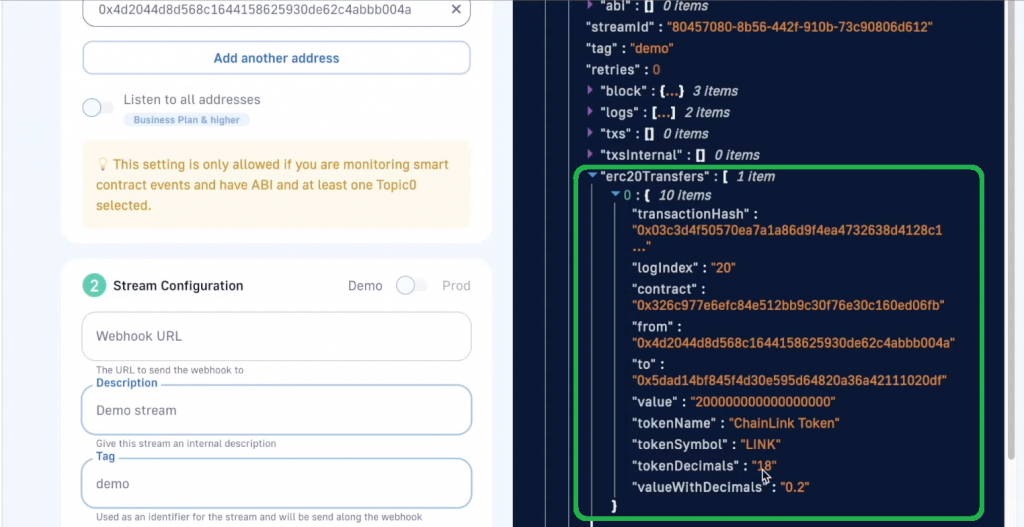 demo stream detects the above example transaction instantaneously