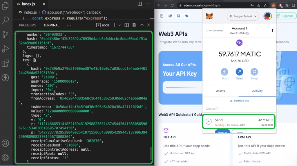 details of your test transaction in your terminal