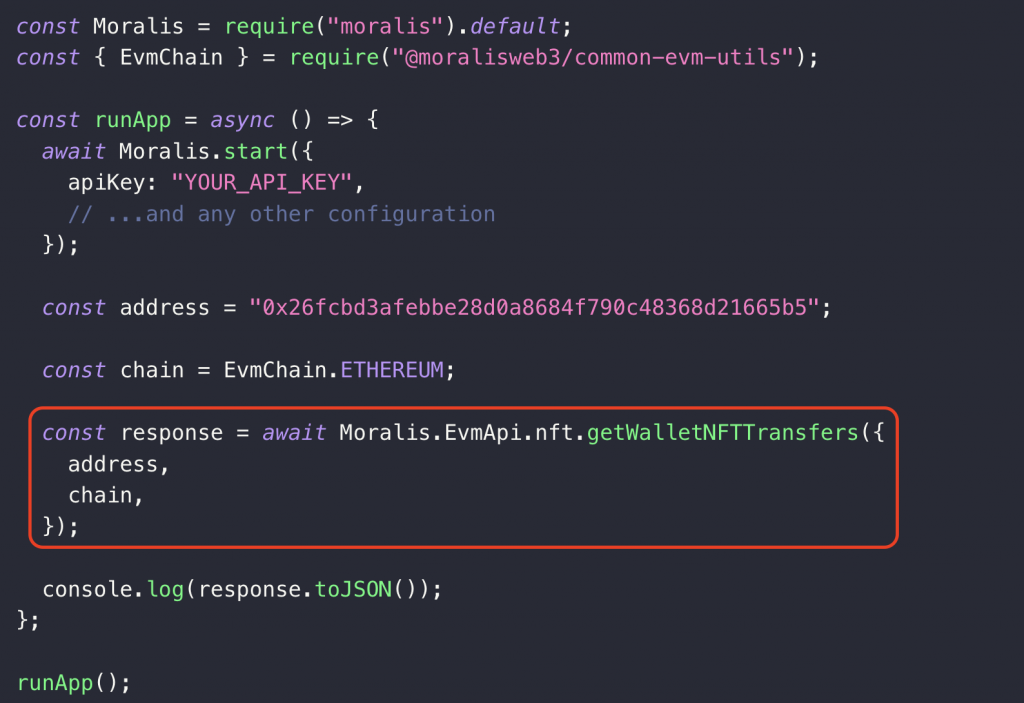 Calling the NFT data endpoint called GetWalletNFTTransfers