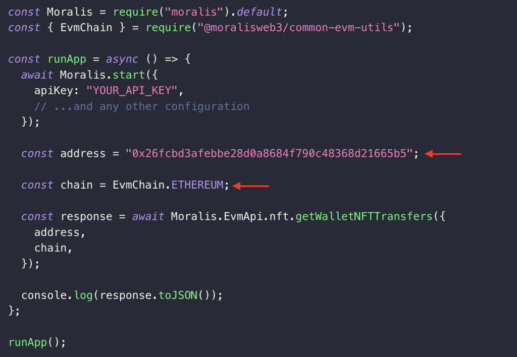 Configuring the chain and address parameters for NFT data analytics data