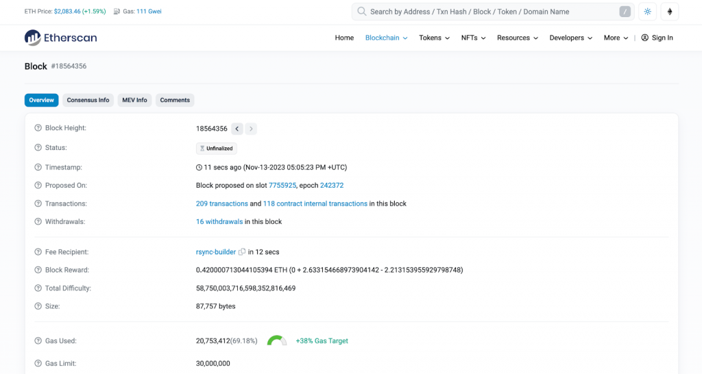 Etherscan block explorer - timestamps, transactions, gas used, gas limit, and much more