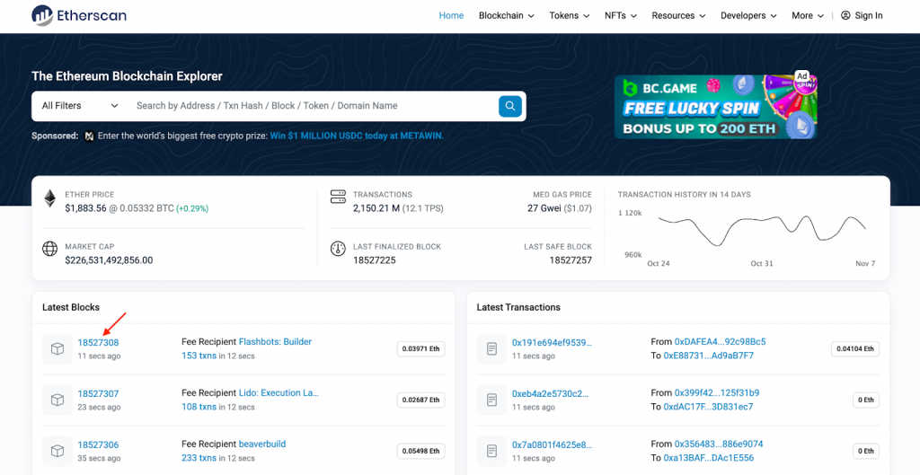 Etherscan website UI - Showing block data info