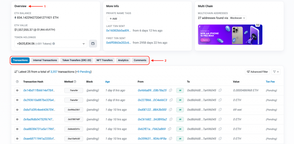 Overview page of contract example on the official Etherscan site