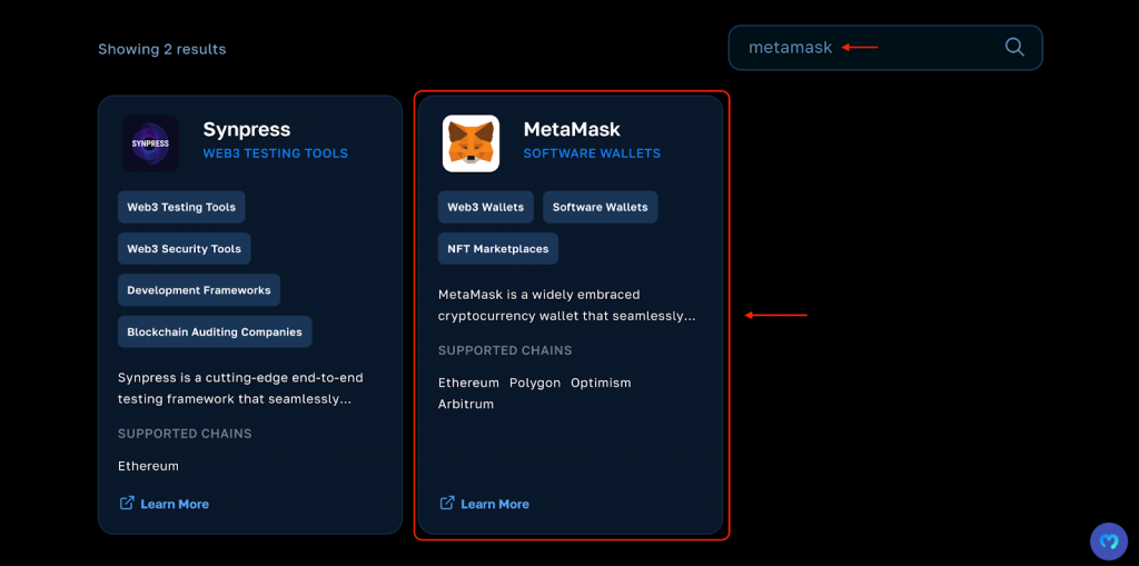 Searching for dapp inside the Web3 Wiki - MetaMask search example