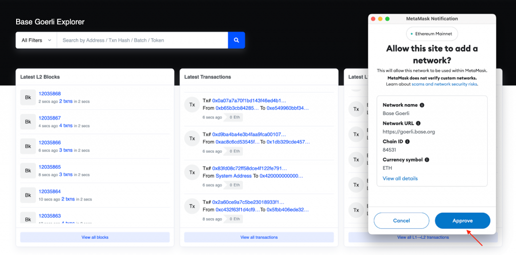 Showing how to swtich to the Base testnet in MetaMask