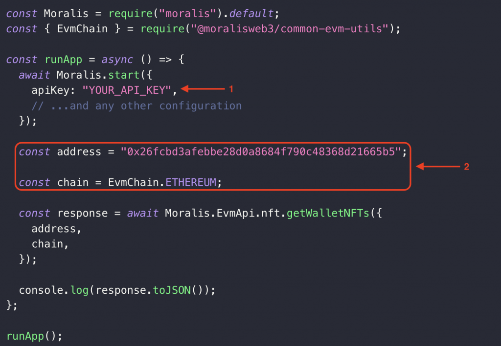 Showing where to paste API key and configuring the address and chain parameters to fit your query